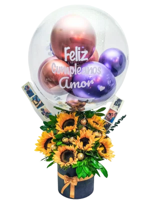 Arreglo de Girasoles, Chocolates y Fotos