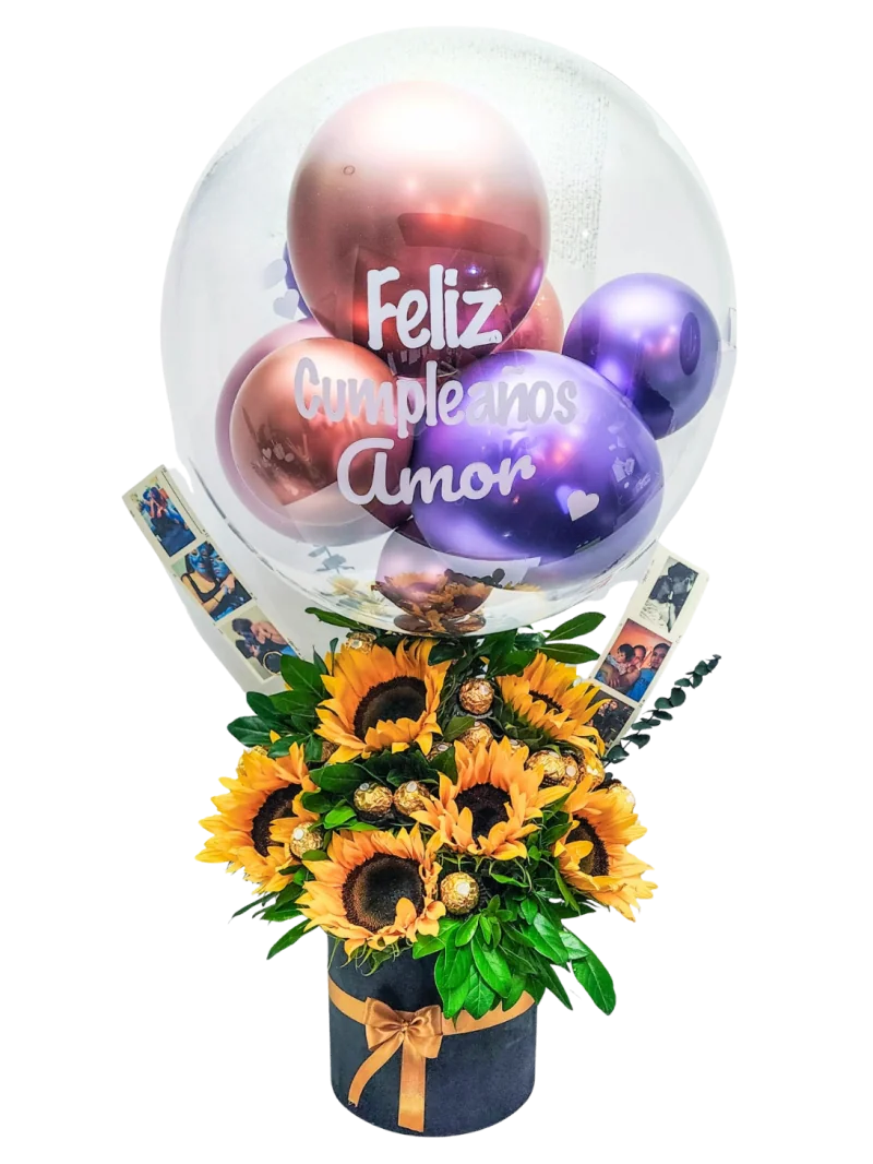 Arreglo de Girasoles, Chocolates y Fotos