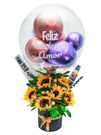 Arreglo de Girasoles, Chocolates y Fotos