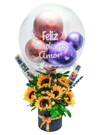 Arreglo de Girasoles, Chocolates y Fotos
