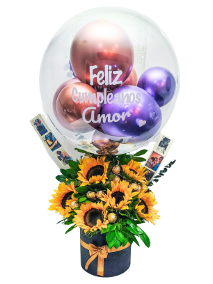 Arreglo de Girasoles, Chocolates y Fotos